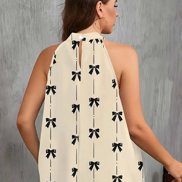 Women’s Plus Size Elegant Cream and Black Bow Print Blouse - Picture 2 of 5